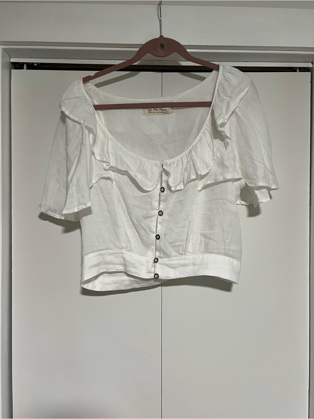 We The Free Linen Ruffle Button-Front Crop Top Medium